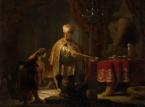 Daniel and Cyrus Before the Idol Bel White Modern Wood Framed Art Print with Double Matting by Van Rijn, Rembrandt Harmensz