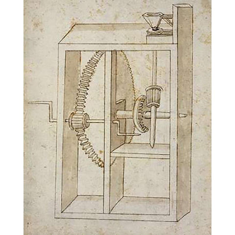 Mill powered by crank White Modern Wood Framed Art Print by Martini, Francesco di