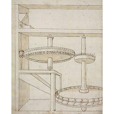 Folio 40: mill with horizontal water wheel Black Modern Wood Framed Art Print by Martini, Francesco di