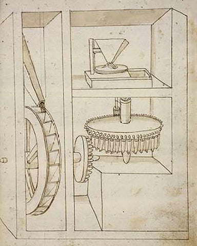 Folio 40: mill with overshot water wheel White Modern Wood Framed Art Print with Double Matting by Martini, Francesco di