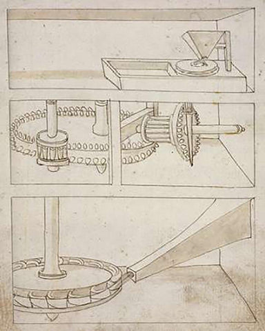 Mill with horizontal water wheel White Modern Wood Framed Art Print with Double Matting by Martini, Francesco di