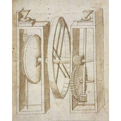 Two mills with wheel between Gold Ornate Wood Framed Art Print with Double Matting by Martini, Francesco di