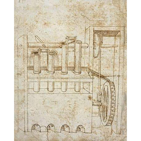 Folio 10: piston pumps and water wheel Gold Ornate Wood Framed Art Print with Double Matting by Martini, Francesco di