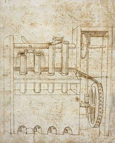 Folio 10: piston pumps and water wheel White Modern Wood Framed Art Print with Double Matting by Martini, Francesco di