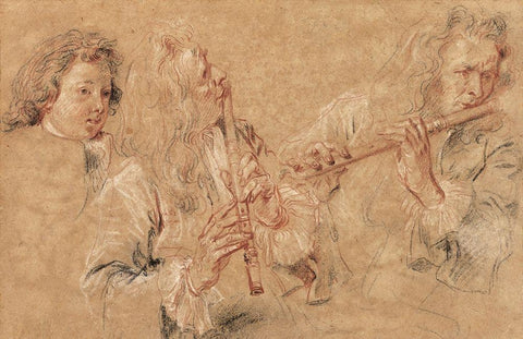 Two Studies of a Flutist and a Study of the Head of a Boy Black Ornate Wood Framed Art Print with Double Matting by Watteau, Jean-Antoine