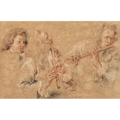 Two Studies of a Flutist and a Study of the Head of a Boy Black Modern Wood Framed Art Print by Watteau, Jean-Antoine