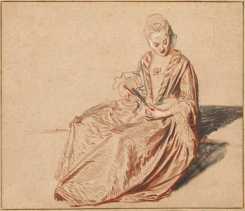 Seated Woman with a Fan White Modern Wood Framed Art Print with Double Matting by Watteau, Jean-Antoine