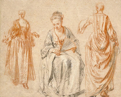 Studies of Three Women Black Ornate Wood Framed Art Print with Double Matting by Watteau, Jean-Antoine