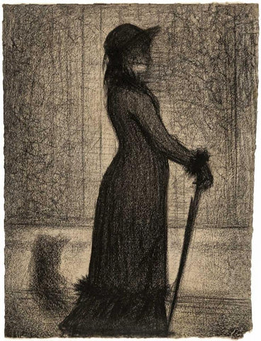 Une elegante - Woman Strolling Black Ornate Wood Framed Art Print with Double Matting by Seurat, Georges