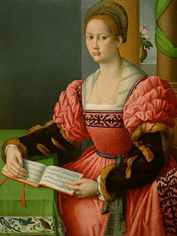 Portrait of a Woman with a Book of Music Black Ornate Wood Framed Art Print with Double Matting by Ubertini, Francesco