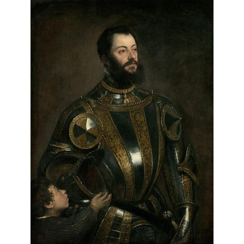 Portrait of Alfonso dAvalos, Marchese del Vasto, in Armor with a Page Gold Ornate Wood Framed Art Print with Double Matting by Tiziano Vecellio, Titian