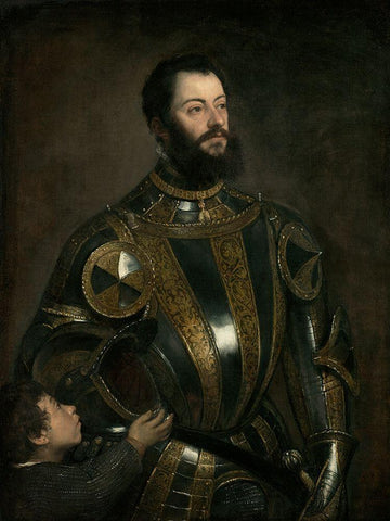 Portrait of Alfonso dAvalos, Marchese del Vasto, in Armor with a Page White Modern Wood Framed Art Print with Double Matting by Tiziano Vecellio, Titian