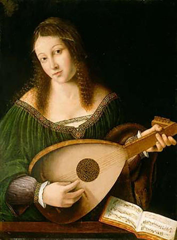 Lady Playing a Lute Black Ornate Wood Framed Art Print with Double Matting by Veneto, Bartolomeo and workshop