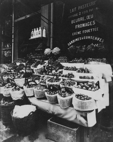 Paris, 1908-1912 - Produce Display, rue Sainte-Opportune White Modern Wood Framed Art Print with Double Matting by Atget, Eugene