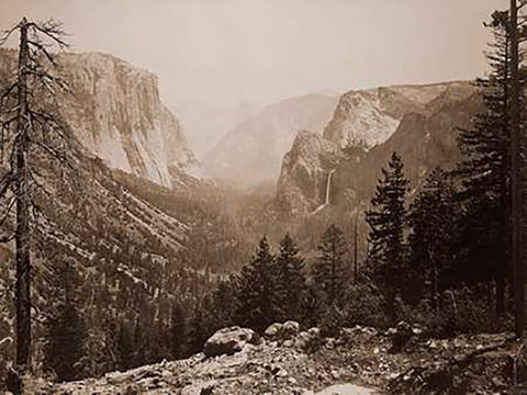 The Yosemite Valley from Inspiration Pt. MariVintagea Trail, 1865-1866 Black Ornate Wood Framed Art Print with Double Matting by Watkins, Carleton
