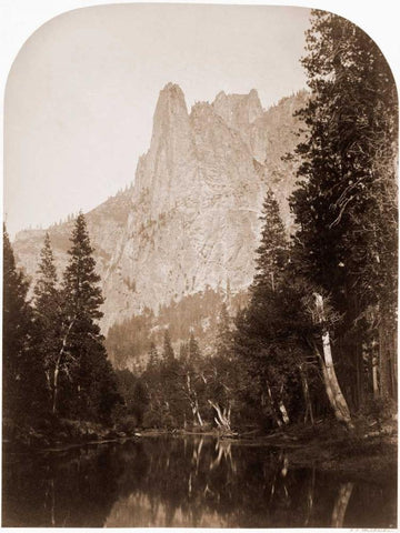 Sentinel - View of the Valley 3270 ft. Yosemite, California, 1861 White Modern Wood Framed Art Print with Double Matting by Watkins, Carleton