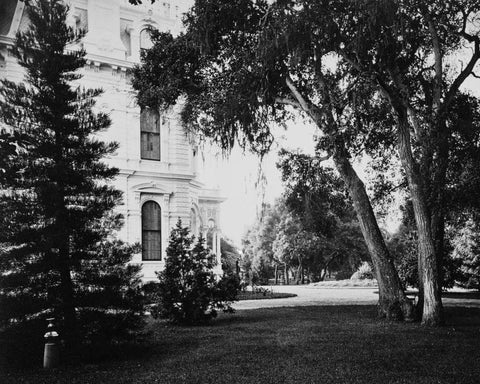 Thurlow Lodge - Lawn and House. From Barron Cluster. Black and white. White Modern Wood Framed Art Print with Double Matting by Watkins, Carleton