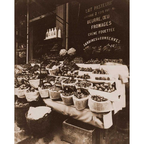 Rue Sainte-Opportune - Produce Display, rue Sainte-Opportune. Sepia Gold Ornate Wood Framed Art Print with Double Matting by Atget, Eugene