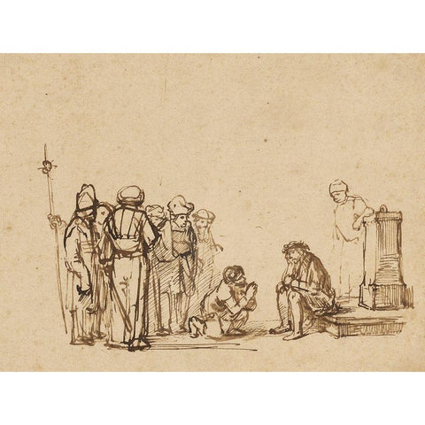 The Mocking of Christ White Modern Wood Framed Art Print by Rembrandt Pupil, Unknown maker