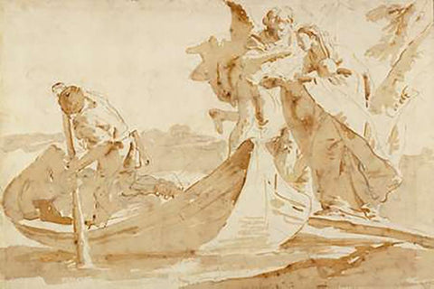 Flight into Egypt (recto); Various Studies (verso) Black Ornate Wood Framed Art Print with Double Matting by Tiepolo, Giovanni Battista