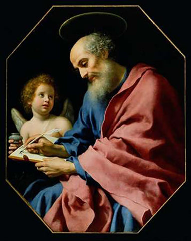 St. Matthew Writing His Gospel White Modern Wood Framed Art Print with Double Matting by Dolci, Carlo