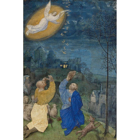 The Annunciation to the Shepherds Gold Ornate Wood Framed Art Print with Double Matting by Illuminator, Master of the Houghton Miniatures