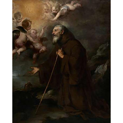 The Vision of Saint Francis of Paola White Modern Wood Framed Art Print by Murillo, Bartolome Esteban