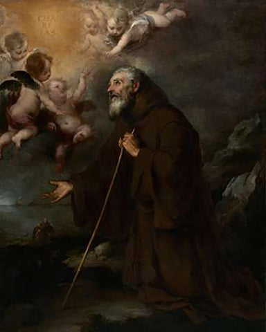 The Vision of Saint Francis of Paola White Modern Wood Framed Art Print with Double Matting by Murillo, Bartolome Esteban