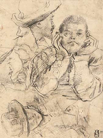 Four Studies of Heads Drawn over a Copy of Saint John the Evangelist by Correggio (recto); Three Stu White Modern Wood Framed Art Print with Double Matting by Carracci, Annibale or Lodovico