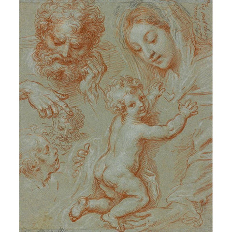 Studies of the Madonna and Child and of Heads (recto); Madonna and Child with Saint John Seated in a Black Modern Wood Framed Art Print with Double Matting by Corneille, Michel