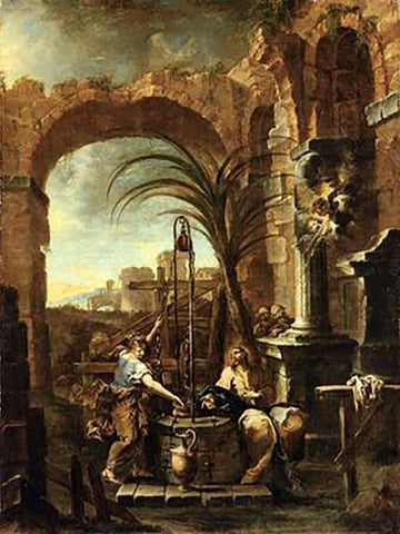 Museumist and the Samaritan Woman Black Ornate Wood Framed Art Print with Double Matting by Magnasco, Alessandro