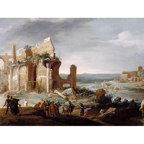 Moses and Aaron Changing the Rivers of Egypt to Blood Gold Ornate Wood Framed Art Print with Double Matting by Breenbergh, Bartholomeus