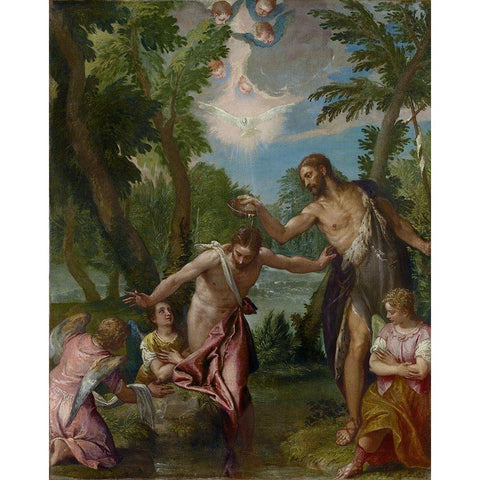 The Baptism of Christ Gold Ornate Wood Framed Art Print with Double Matting by Veronese, Paolo