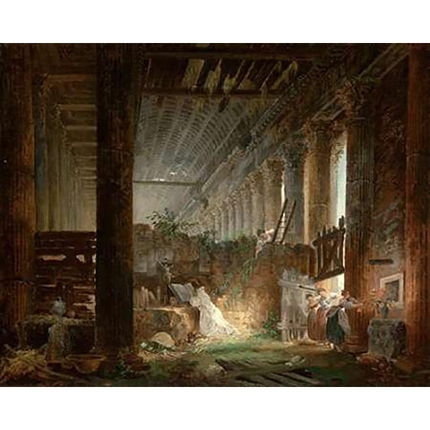 A Hermit Praying in the Ruins of a Roman Temple Black Modern Wood Framed Art Print with Double Matting by Robert, Hubert