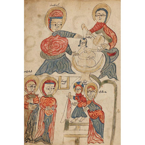 Bathing the Christ Child and The Presentation in the Temple Gold Ornate Wood Framed Art Print with Double Matting by Illuminator, Unknown 14th Century