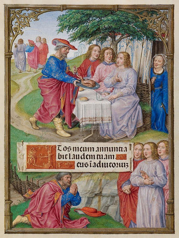 Abraham and the Three Angels White Modern Wood Framed Art Print with Double Matting by Illuminator, Unknown 16th Century Flemish