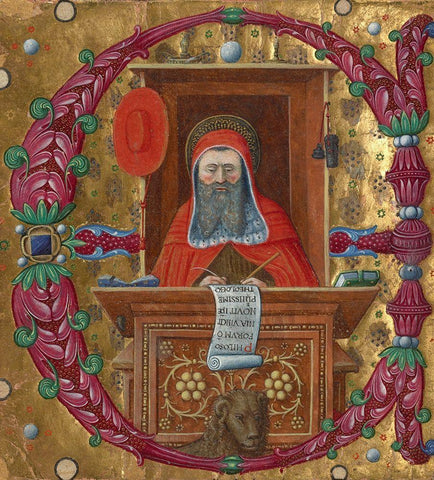 Initial E: Saint Jerome in His Study White Modern Wood Framed Art Print with Double Matting by Illuminator, Unknown 15th Century Italian