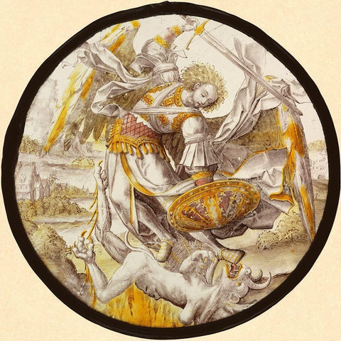 The Archangel Michael Vanquishing the Devil White Modern Wood Framed Art Print by Glassmaker, Unknown 16th Century Netherlandish