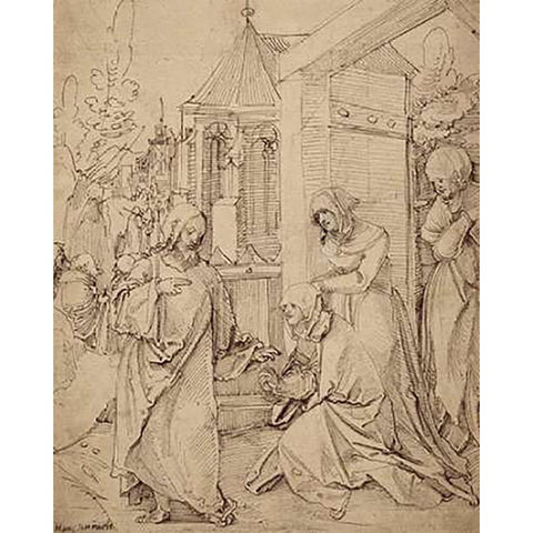 Museumist Taking Leave of His Mother Gold Ornate Wood Framed Art Print with Double Matting by Schaufelein, Hans