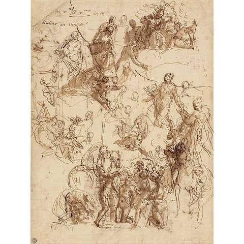 Sheet of Studies for The Martyrdom of Saint George Black Modern Wood Framed Art Print with Double Matting by Veronese, Paolo