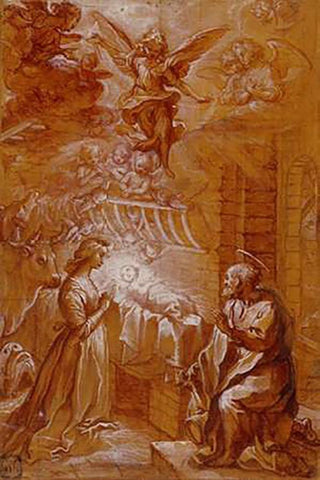 The Nativity Black Ornate Wood Framed Art Print with Double Matting by Vanni, Francesco