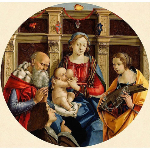 Madonna and Child with a Male Saint, Catherine of Alexandria and a Donor Black Modern Wood Framed Art Print by Membrini, Michelangelo di Pietro