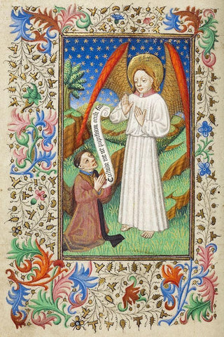 A Patron and his Guardian Angel White Modern Wood Framed Art Print with Double Matting by Illuminator, Unknown 15th Century French