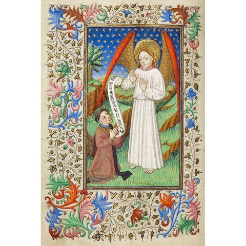 A Patron and his Guardian Angel Black Modern Wood Framed Art Print with Double Matting by Illuminator, Unknown 15th Century French