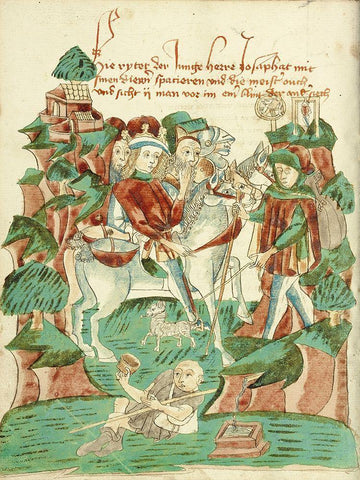 Josaphat Meeting a Blind Man and a Beggar Black Ornate Wood Framed Art Print with Double Matting by Illuminator, Unknown 15th Century German