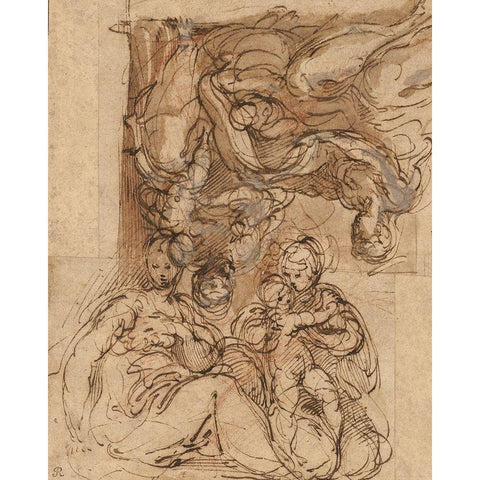 Two Studies for a Holy Family Black Modern Wood Framed Art Print with Double Matting by Parmigianino