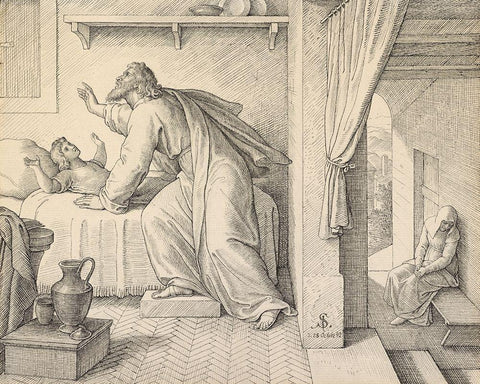 Elijah Revives the Son of the Widow of Zarephath White Modern Wood Framed Art Print with Double Matting by Von Carolsfeld, Julius Schnorr