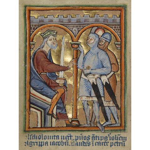 Herod Giving Orders to His Soldiers Gold Ornate Wood Framed Art Print with Double Matting by Illuminator, Unknown 12th Century English