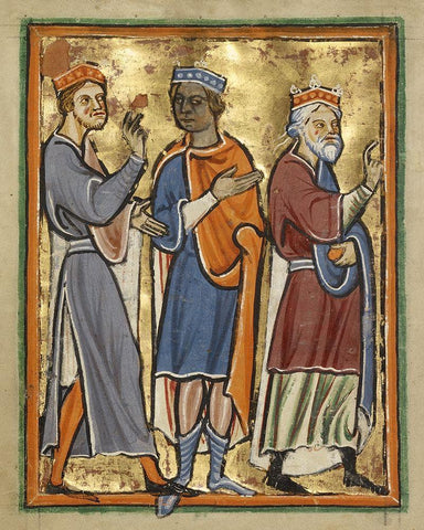 The Magi Approaching Herod White Modern Wood Framed Art Print with Double Matting by Illuminator, Unknown 12th Century English