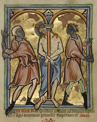 The Scourging of Christ Black Ornate Wood Framed Art Print with Double Matting by Illuminator, Unknown 12th Century English